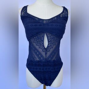 BECCA by Rebecca Virtue Women’s Color Play Crochet 1 Pc Swimsuit Navy Size Large